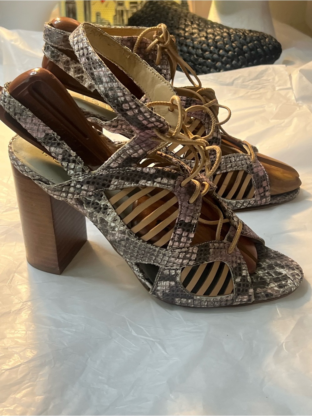 1. STATE Taupe Snake-Print Lace-Up Block Heel Sandals